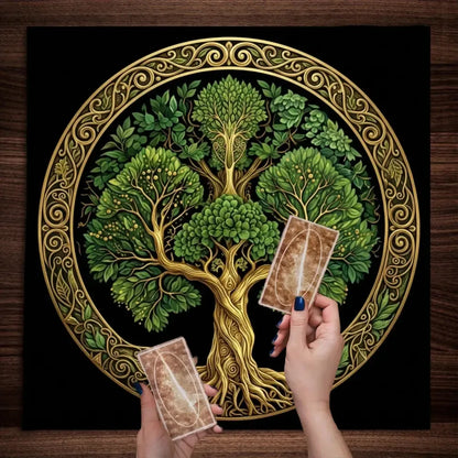 Yggdrasil world tree altar cloth gold on black – Norse Pagan ritual mat for tarot and meditation