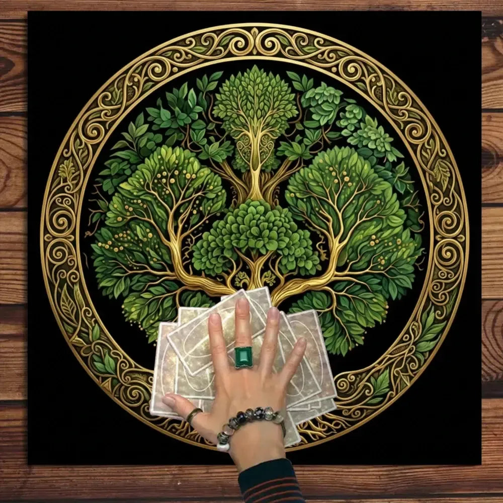 Tree of life sacred Pagan altar cloth in black gold – witchy crystal healing tarot mat