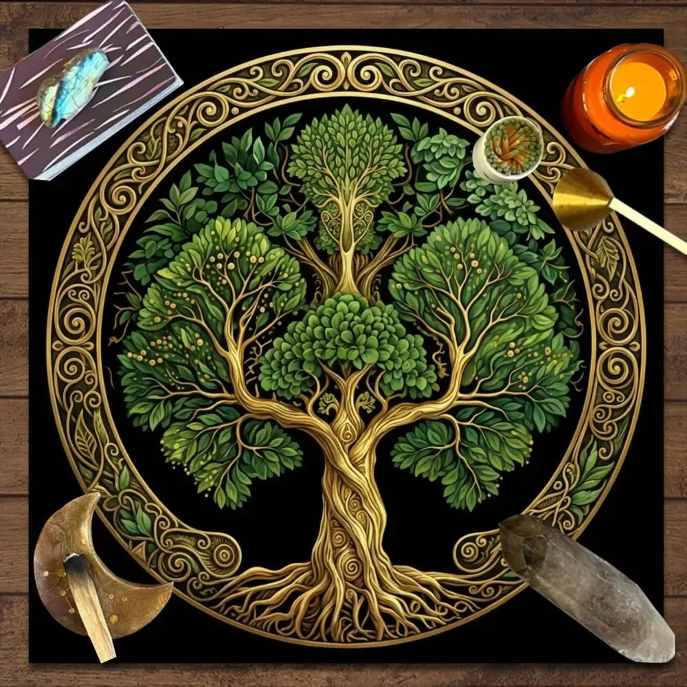 Nordic Tree of Life Altar Cloth black and gold – Pagan Wiccan tarot mat for crystal work and ritual
