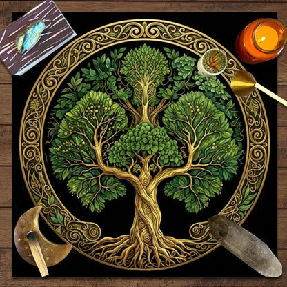 Nordic Tree of Life Altar Cloth black and gold – Pagan Wiccan tarot mat for crystal work and ritual