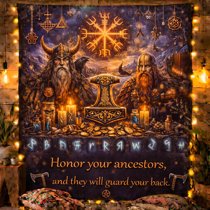 Dark Norse mythology tapestry with Viking warriors, Thor's hammer, runes, and glowing string lights.