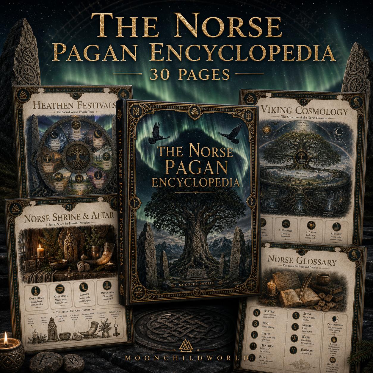Norse Pagan Encyclopedia 30-page grimoire featuring Yggdrasil, aurora borealis, and ritual pages in a dark, mystical aesthetic.