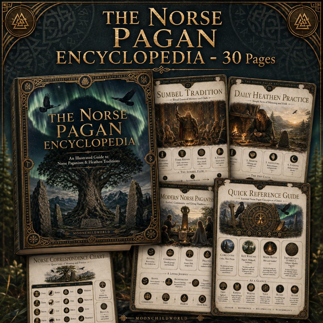 Norse Pagan Encyclopedia grimoire with aurora, Yggdrasil, and ritual pages featuring gold-accented, dark, mystical illustrations.