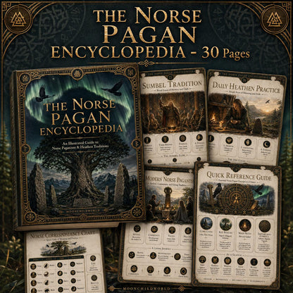 Norse Pagan Encyclopedia grimoire with aurora, Yggdrasil, and ritual pages featuring gold-accented, dark, mystical illustrations.