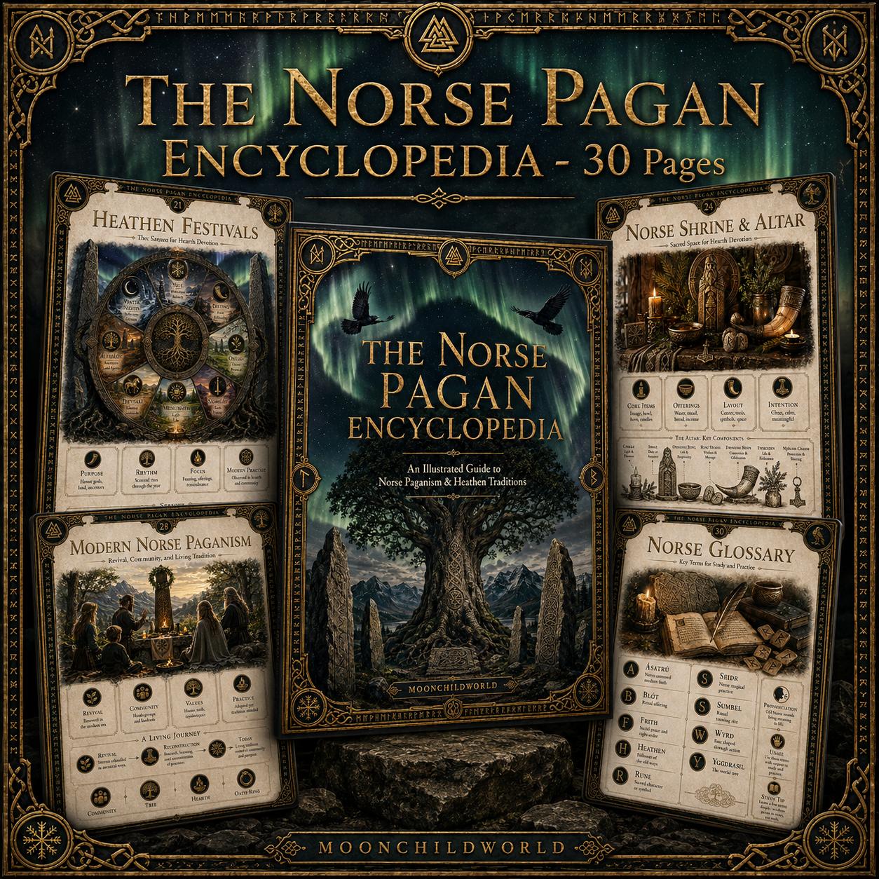 Norse Pagan Encyclopedia printable grimoire pages featuring Yggdrasil, aurora, and ritual guides in a dark, mystical aesthetic.