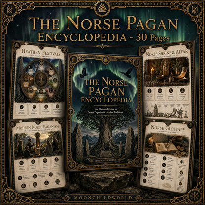 Norse Pagan Encyclopedia printable grimoire pages featuring Yggdrasil, aurora, and ritual guides in a dark, mystical aesthetic.