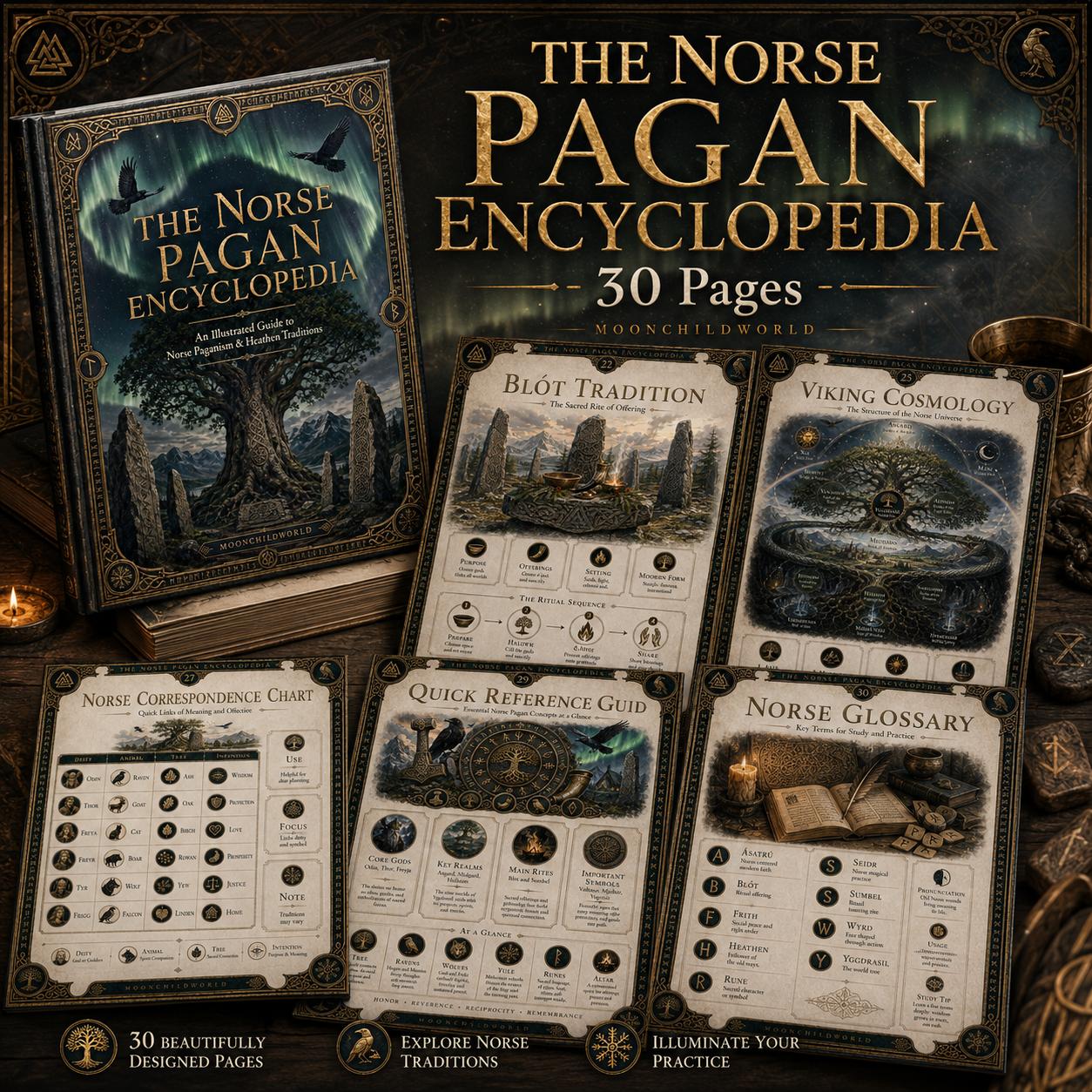 Norse Pagan Encyclopedia printable grimoire pages featuring Yggdrasil, ritual guides, and Norse symbols in a rustic aesthetic.