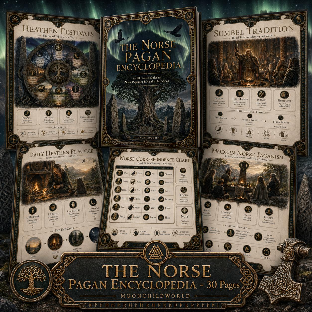 Norse Pagan grimoire pages featuring Yggdrasil, ritual guides, and dark, atmospheric illustrations of gods and traditions.