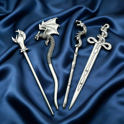 Norse Viking Flying Dragon Retro Sickle Battle Axe Shaped Hairpin Set Serpentine Sword Pagan Hair Accessories-MoonChildWorld