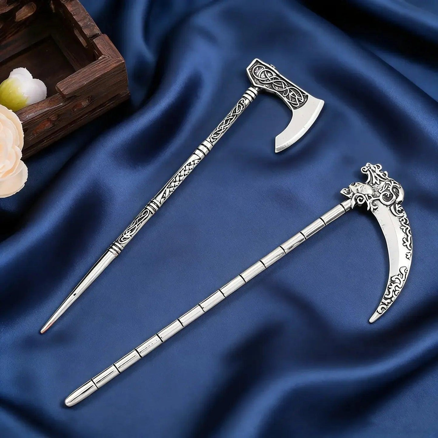 Norse Viking Flying Dragon Retro Sickle Battle Axe Shaped Hairpin Set Serpentine Sword Pagan Hair Accessories-MoonChildWorld