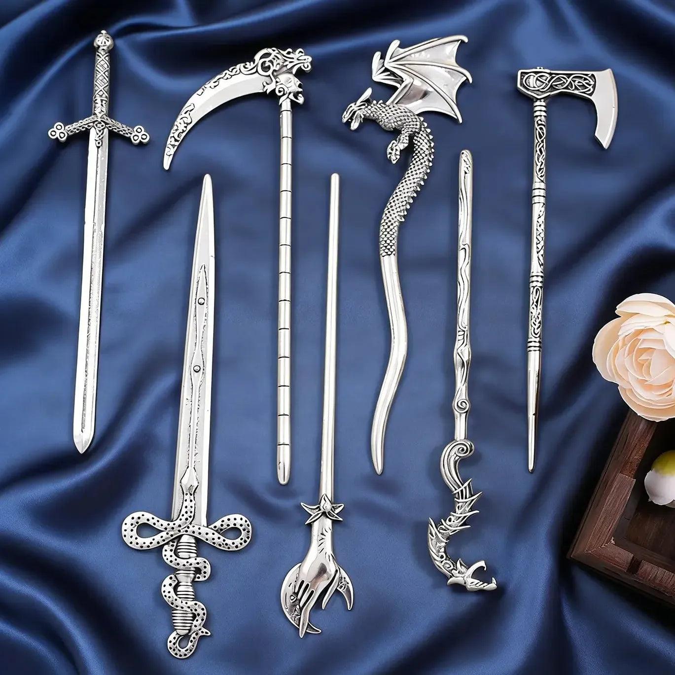 Norse Viking Flying Dragon Retro Sickle Battle Axe Shaped Hairpin Set Serpentine Sword Pagan Hair Accessories-MoonChildWorld
