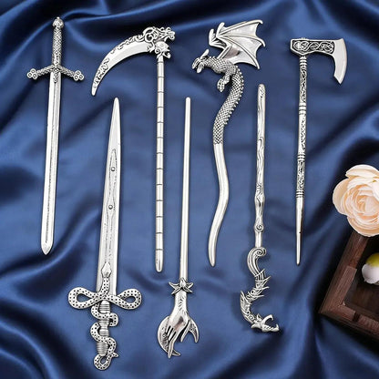 Norse Viking Flying Dragon Retro Sickle Battle Axe Shaped Hairpin Set Serpentine Sword Pagan Hair Accessories-MoonChildWorld