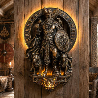 Vintage resin Norse Viking LED wall sconce with warrior, wolves, and runes, casting a warm glow.