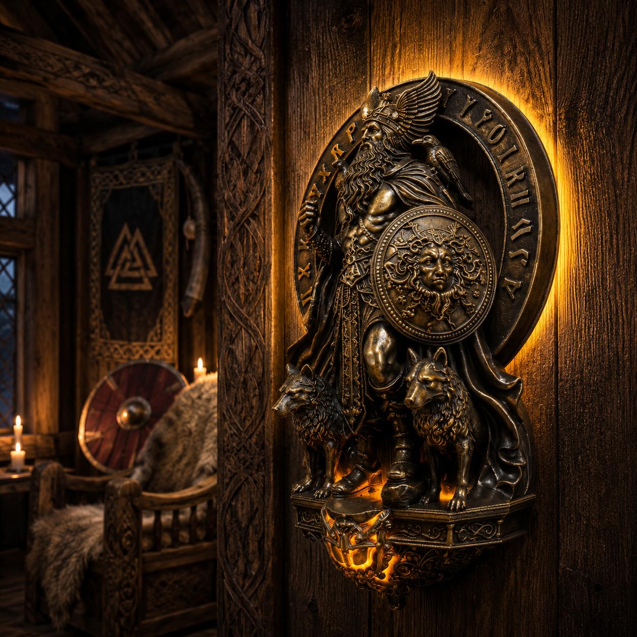 Vintage resin Norse Viking LED wall sconce, 8-inch, featuring a warrior, wolves, and runes with warm backlighting.