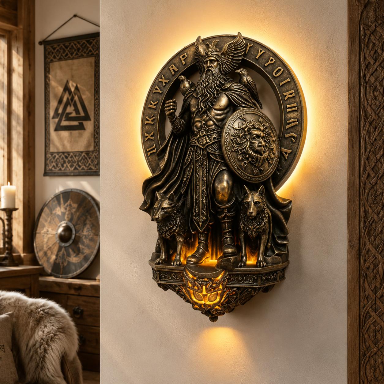 Vintage resin Norse Viking LED wall sconce, 8-inch, featuring Odin, wolves, and runes with warm backlighting.