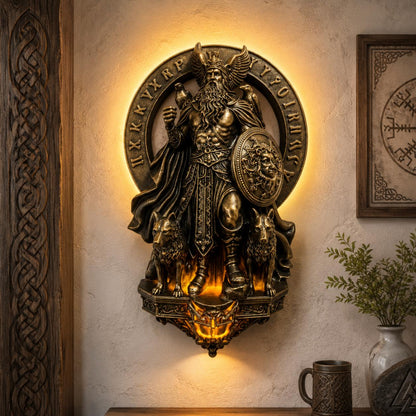 Vintage resin Norse Viking LED wall sconce, 8-inch, featuring dramatic warrior figures and warm ambient light.
