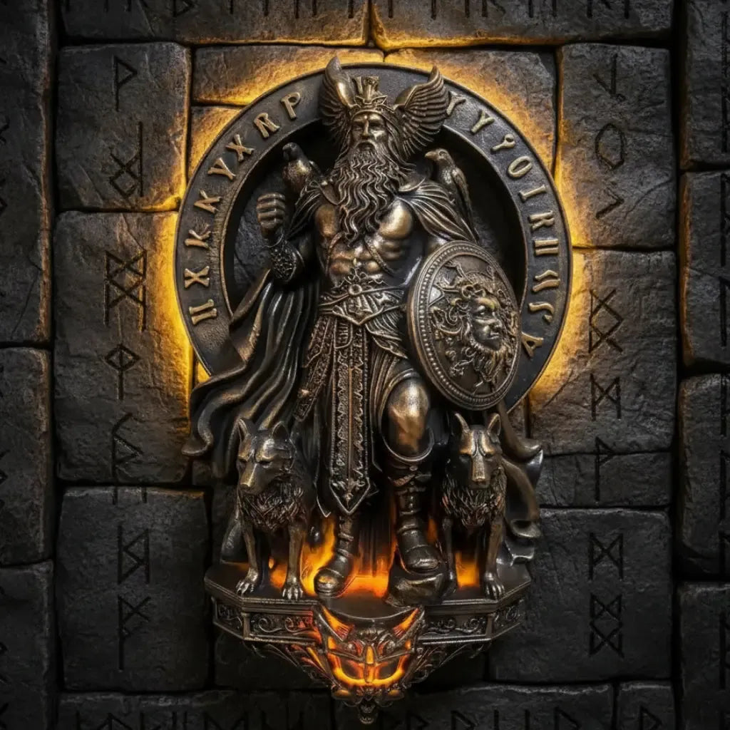 Bronze Norse Viking LED wall sconce, 8-inch resin sculpture of a warrior with wolves, glowing runes.