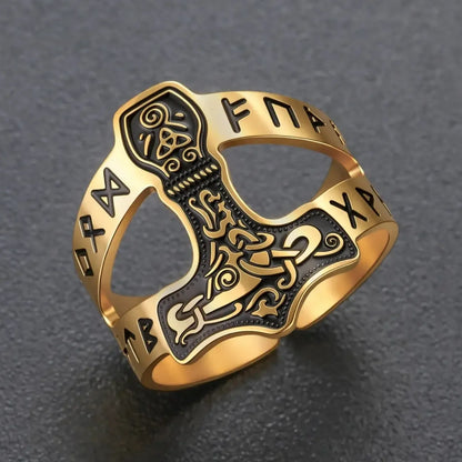 Mjolnir Thor hammer ring gold finish – Norse Pagan Asatru amulet ring close-up