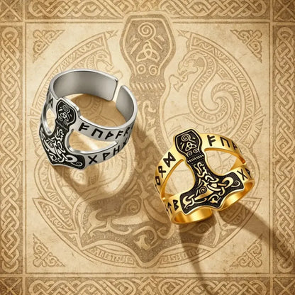 Norse Viking Mjolnir Thor Hammer Ring Rune Celtic Knot Ring Pagan Amulet Jewelry-MoonChildWorld