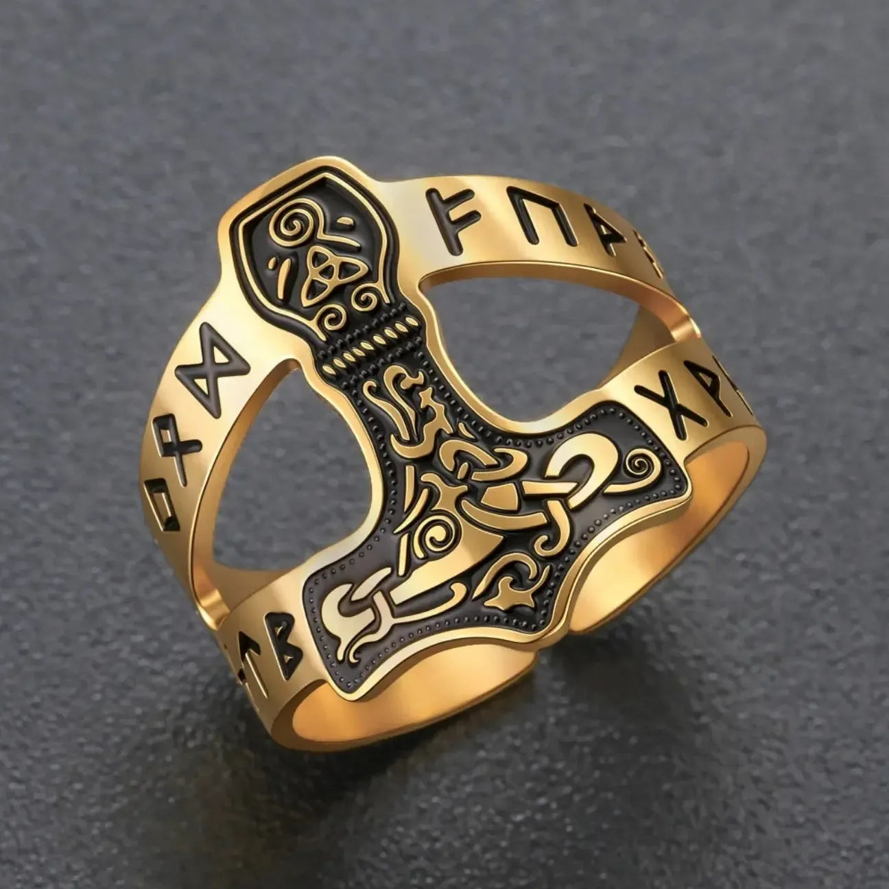 Norse Viking Mjolnir Thor Hammer Ring Rune Celtic Knot Ring Pagan Amulet Jewelry-MoonChildWorld