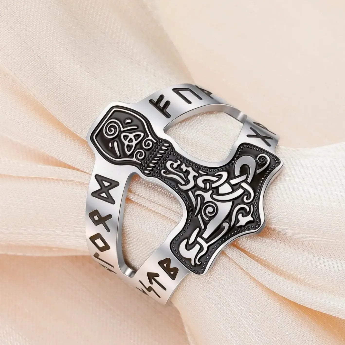 Norse Viking Mjolnir Thor Hammer Ring Rune Celtic Knot Ring Pagan Amulet Jewelry-MoonChildWorld