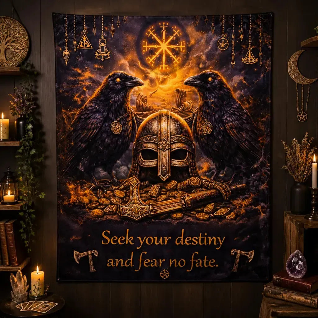 Norse Viking Tapestry - Raven Crow Meditation Runes Wall Hanging_mockup_2.webp