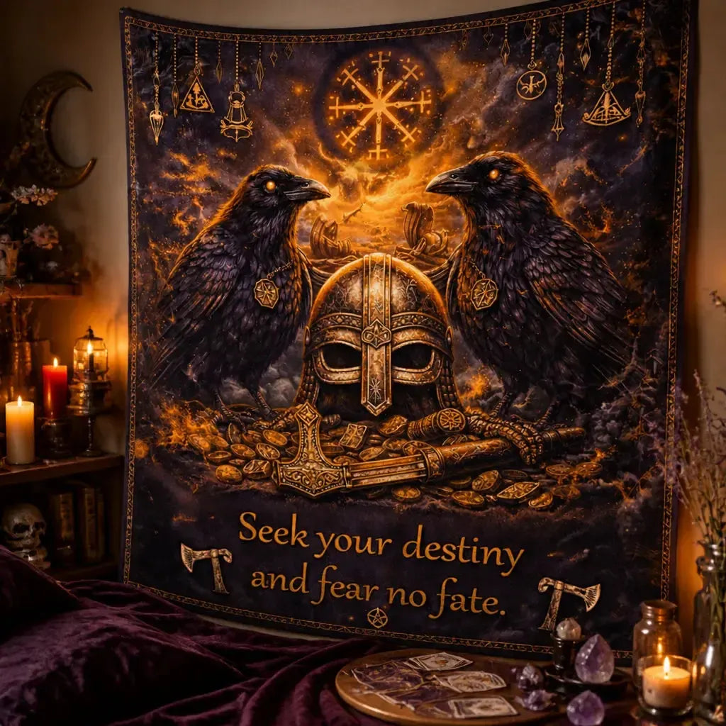 Norse Viking Tapestry - Raven Crow Meditation Runes Wall Hanging_mockup_3.webp