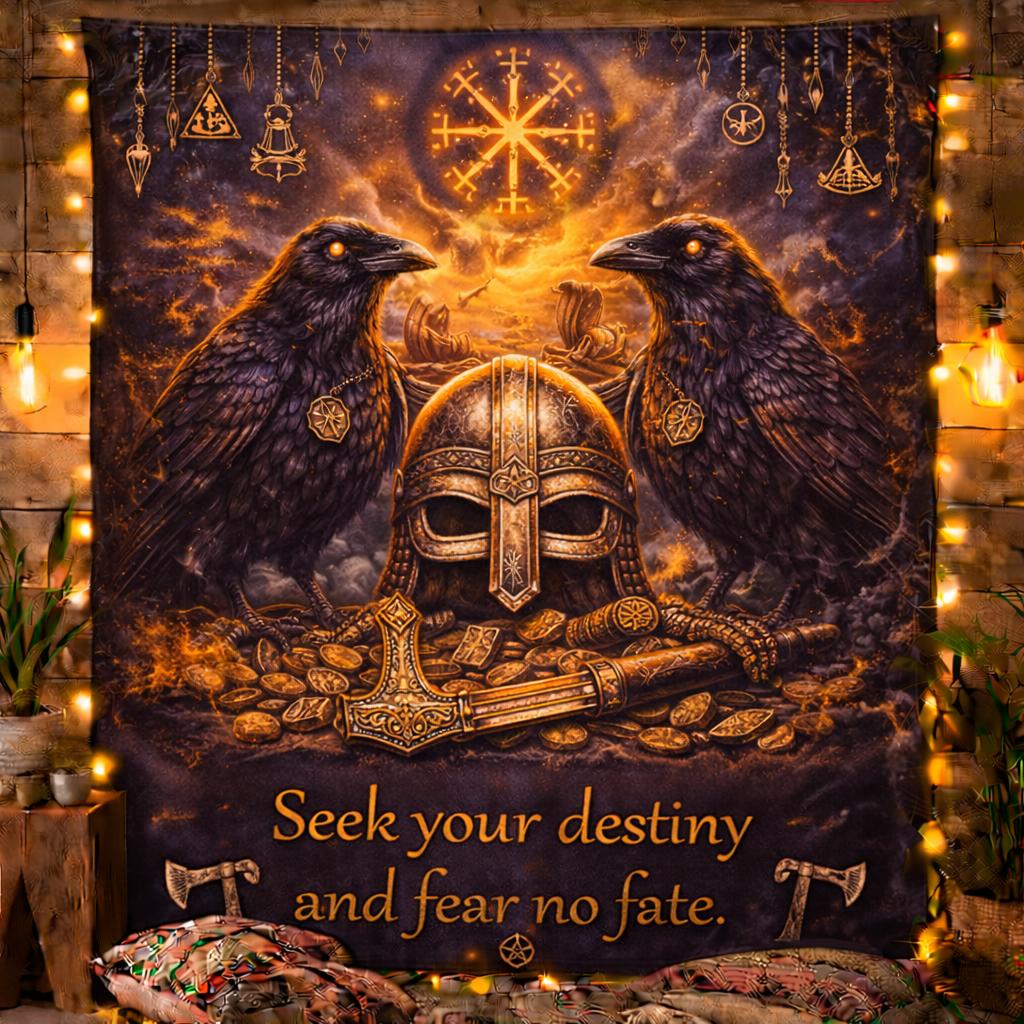 Norse Viking Tapestry - Raven Crow Meditation Runes Wall Hanging-MoonChildWorld