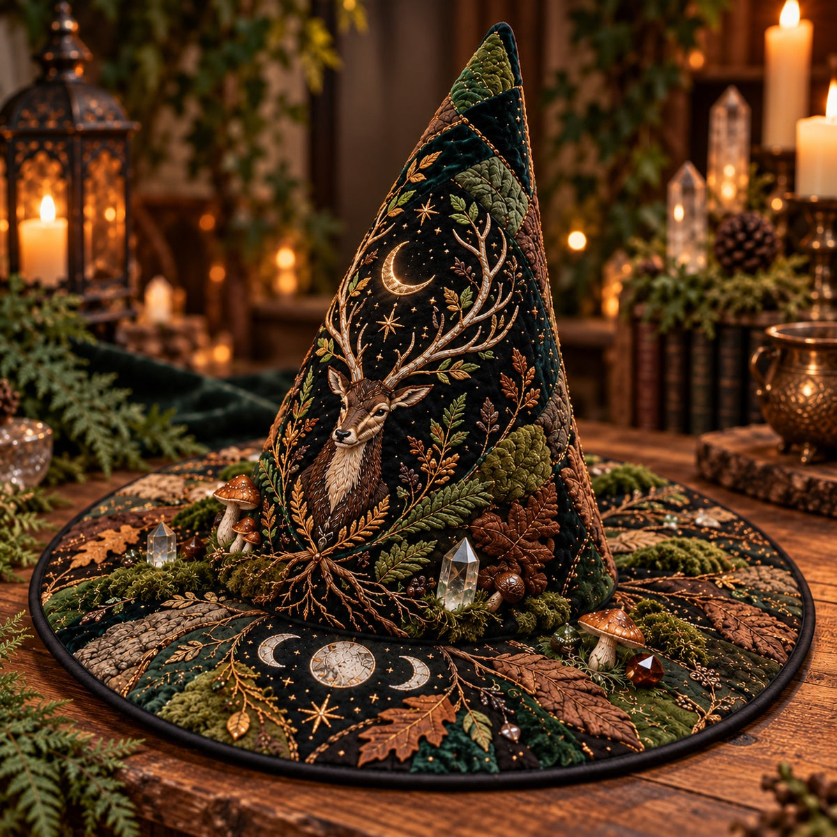 Oak Stag Quilted Witch Hat – Forest Mushroom Pagan Wide Brim Hat – styled with candles and crystals