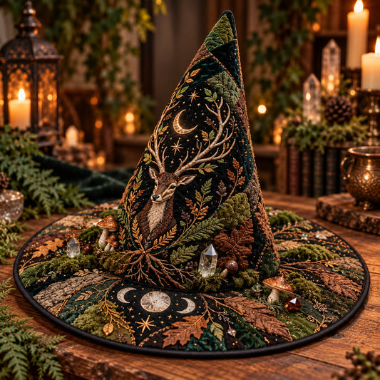 Oak Stag Quilted Witch Hat – Forest Mushroom Pagan Wide Brim Hat – styled with candles and crystals