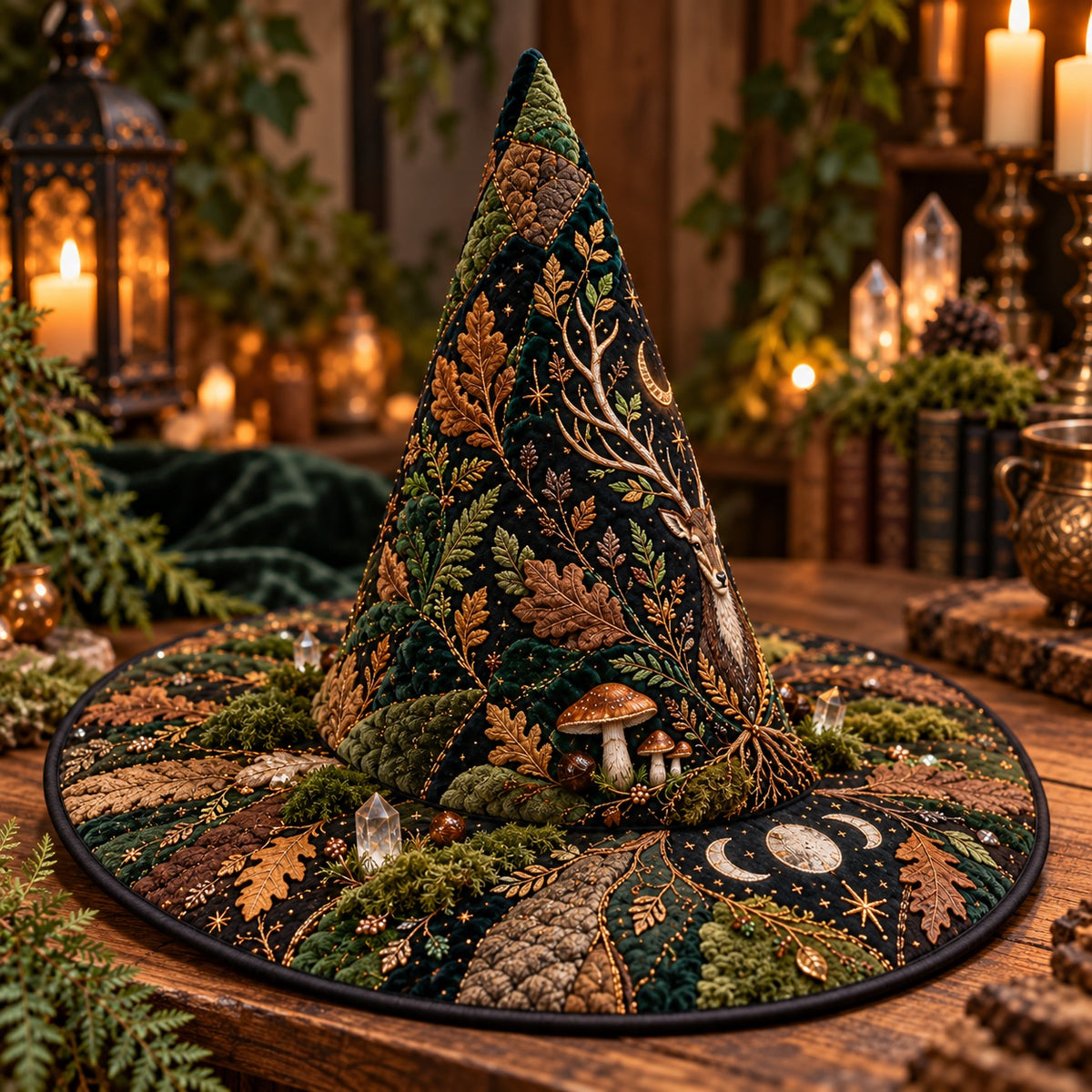 Oak Stag Quilted Witch Hat – Forest Mushroom Pagan Wide Brim Hat – styled with candles and crystals