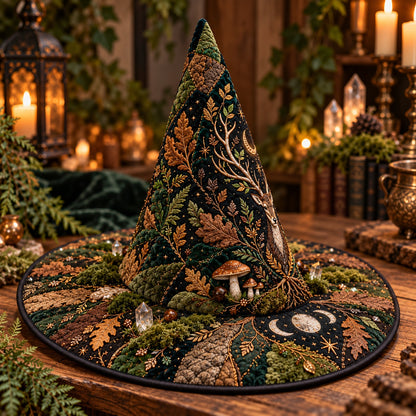 Oak Stag Quilted Witch Hat – Forest Mushroom Pagan Wide Brim Hat – styled with candles and crystals