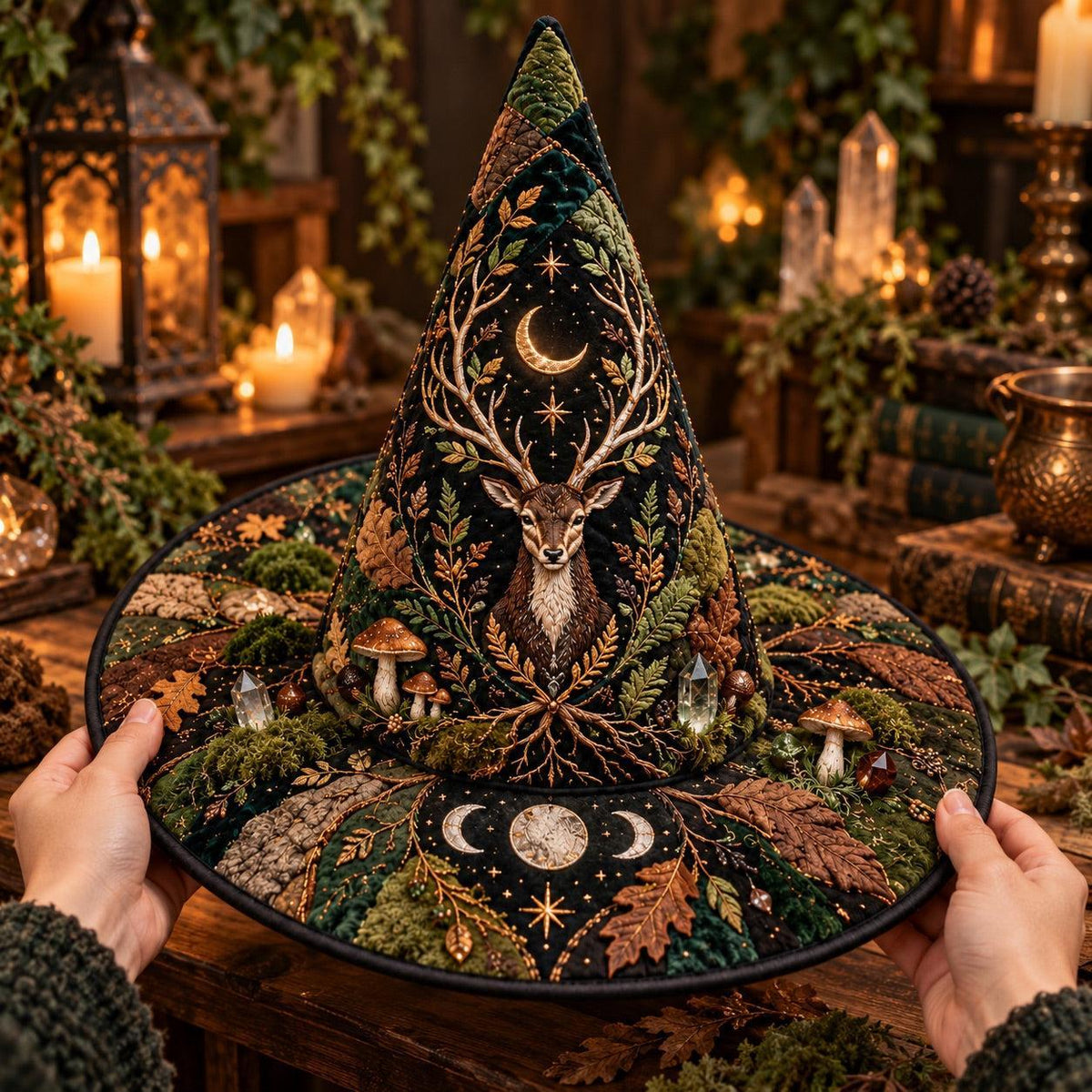Oak Stag Quilted Witch Hat – Forest Mushroom Pagan Wide Brim Hat – held in both hands