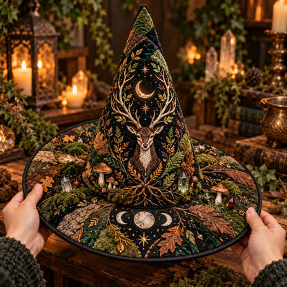 Oak Stag Quilted Witch Hat – Forest Mushroom Pagan Wide Brim Hat – held in both hands
