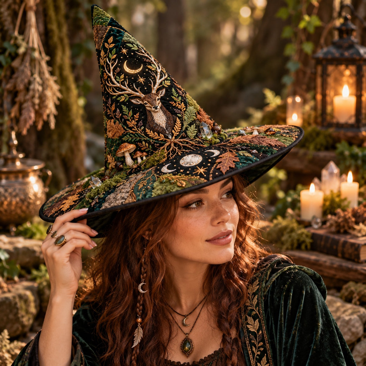 Oak Stag Quilted Witch Hat – Forest Mushroom Pagan Wide Brim Hat – worn by a model
