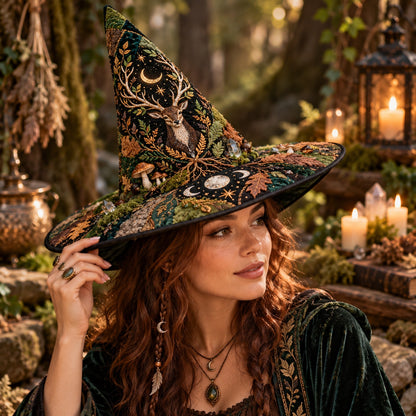 Oak Stag Quilted Witch Hat – Forest Mushroom Pagan Wide Brim Hat – worn by a model