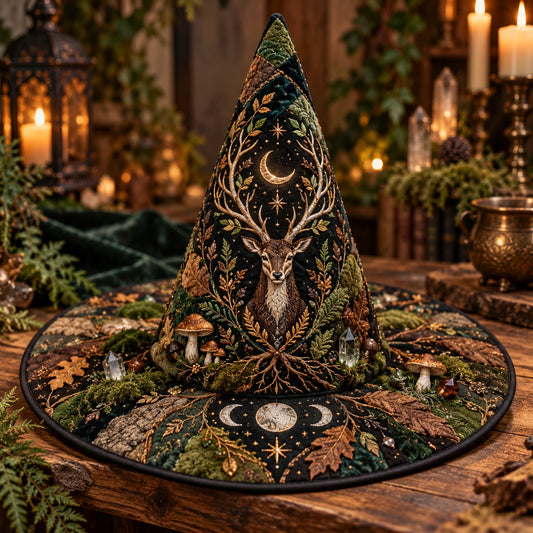 Oak Stag Quilted Witch Hat – Forest Mushroom Pagan Wide Brim Hat – styled with candles and crystals