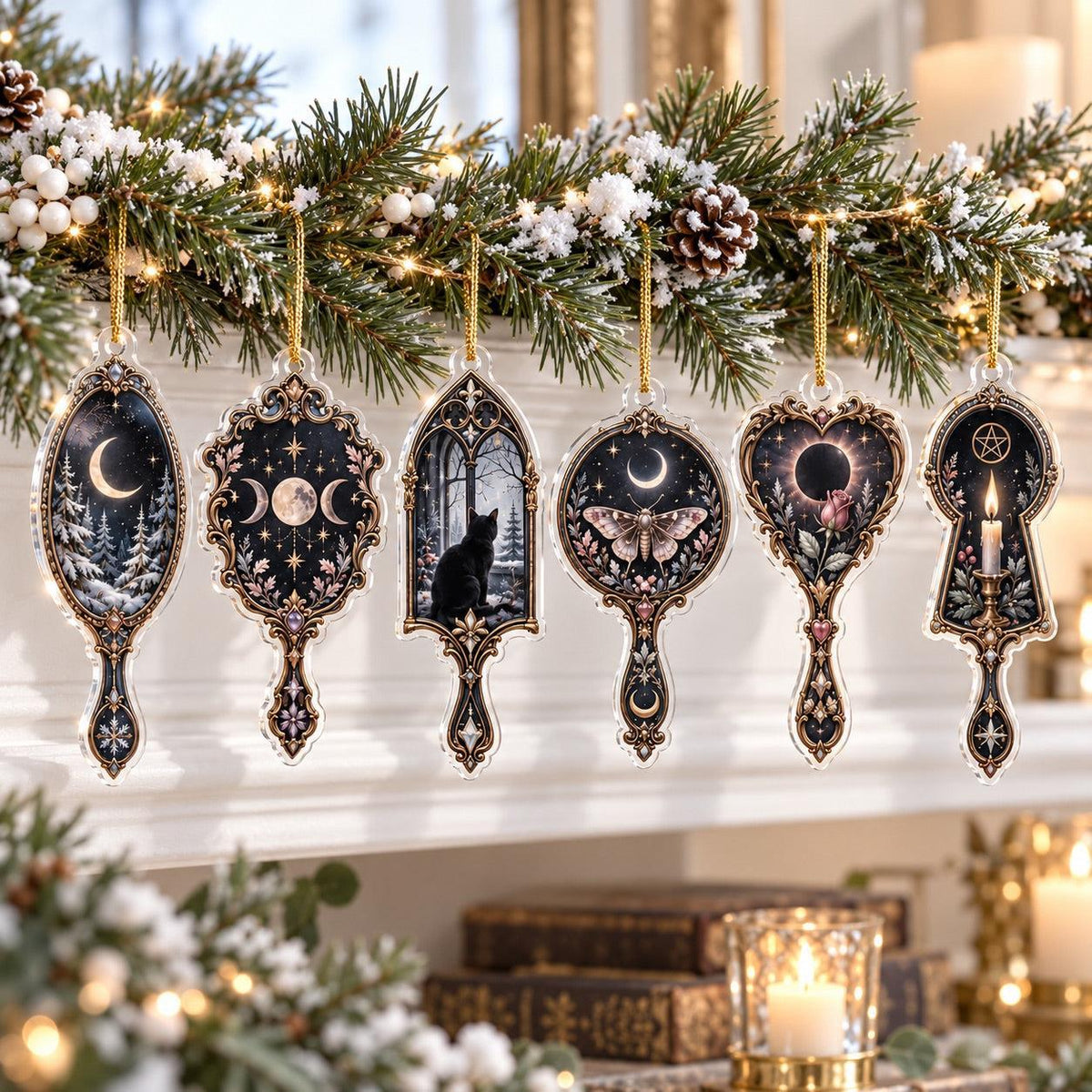 Obsidian Mirror Gothic Acrylic Ornament Set – Witchy Yule Tree Decor – set of 6, another view