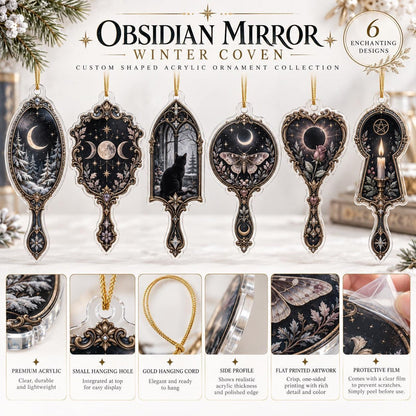 Obsidian Mirror Gothic Acrylic Ornament Set – Witchy Yule Tree Decor – ornament size and details