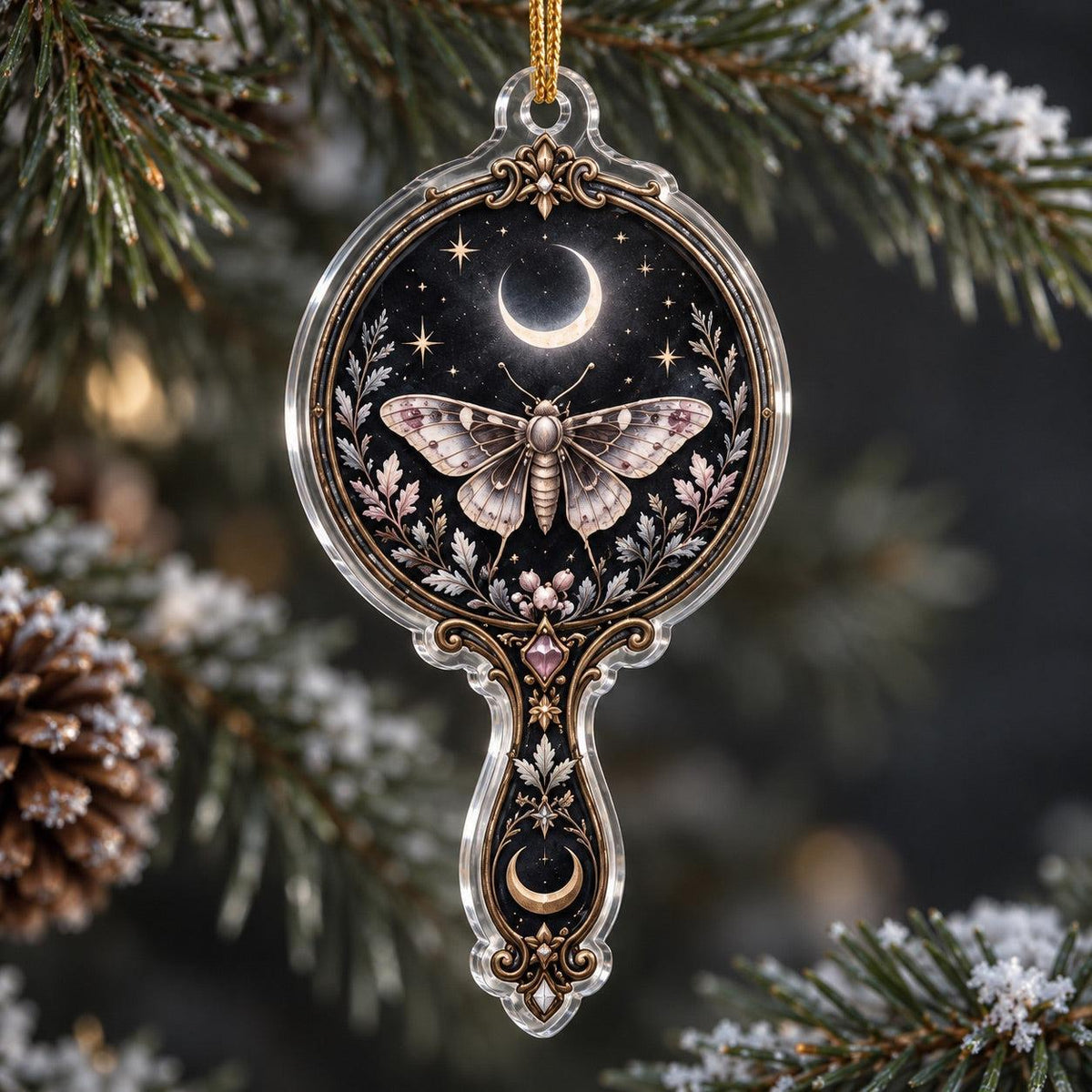 Obsidian Mirror Gothic Acrylic Ornament Set – Witchy Yule Tree Decor – Moth Moon Mirror ornament