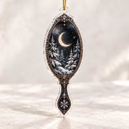 Obsidian Mirror Gothic Acrylic Ornament Set – Witchy Yule Tree Decor – Snowy Pine Mirror ornament