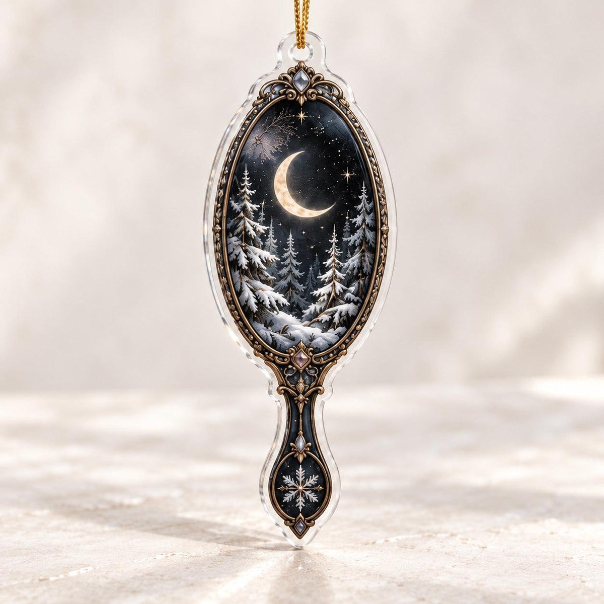 Obsidian Mirror Gothic Acrylic Ornament Set – Witchy Yule Tree Decor – Snowy Pine Mirror ornament