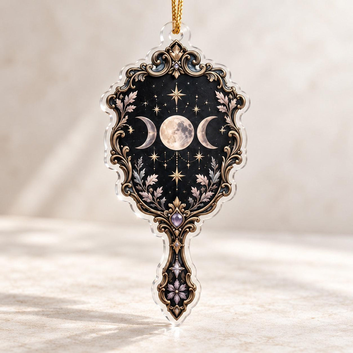 Obsidian Mirror Gothic Acrylic Ornament Set – Witchy Yule Tree Decor – Triple Moon Mirror ornament