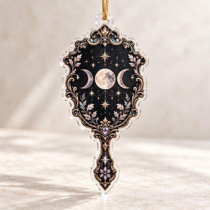 Obsidian Mirror Gothic Acrylic Ornament Set – Witchy Yule Tree Decor – Triple Moon Mirror ornament