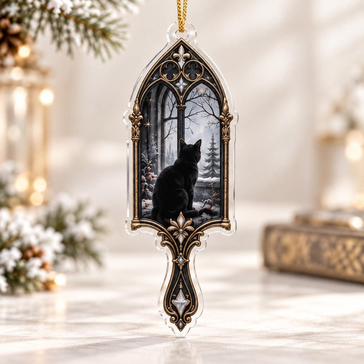 Obsidian Mirror Gothic Acrylic Ornament Set – Witchy Yule Tree Decor – Black Cat Window ornament