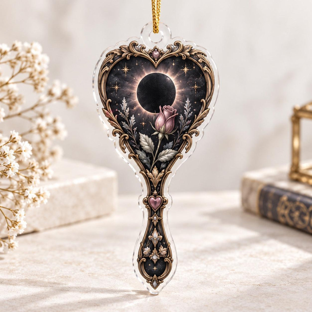 Obsidian Mirror Gothic Acrylic Ornament Set – Witchy Yule Tree Decor – Eclipse Rose Mirror ornament