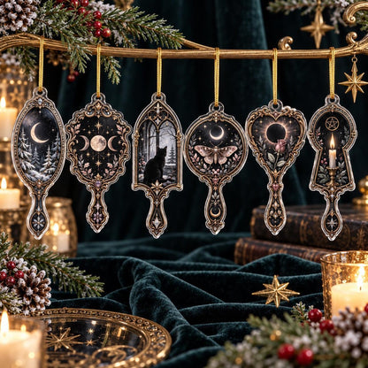Obsidian Mirror Gothic Acrylic Ornament Set – Witchy Yule Tree Decor – set of 6, another view