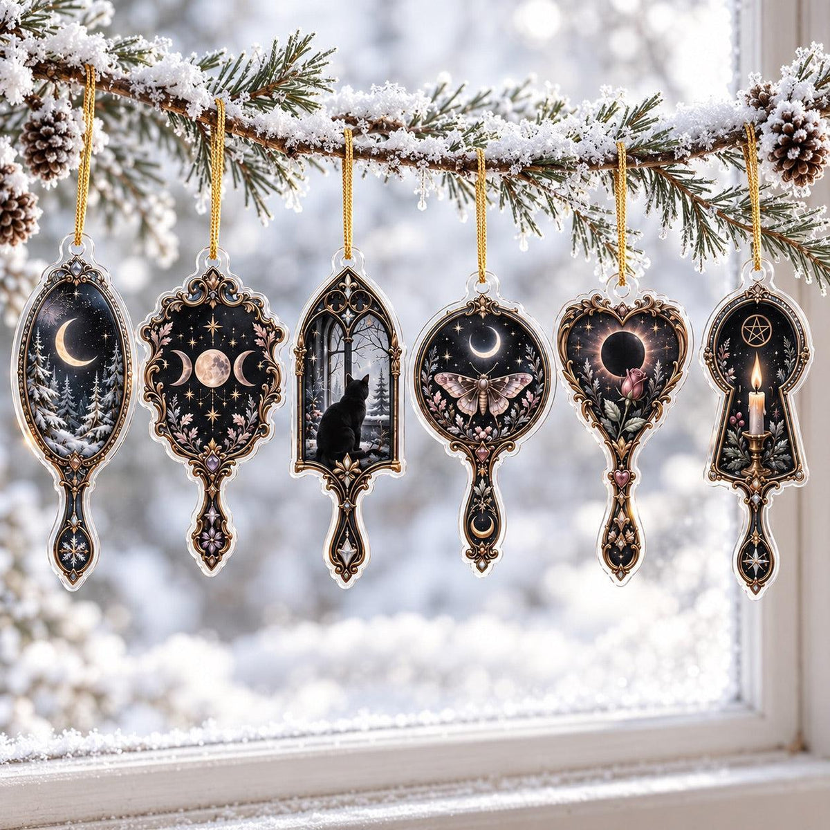 Obsidian Mirror Gothic Acrylic Ornament Set – Witchy Yule Tree Decor – set of 6 acrylic ornaments