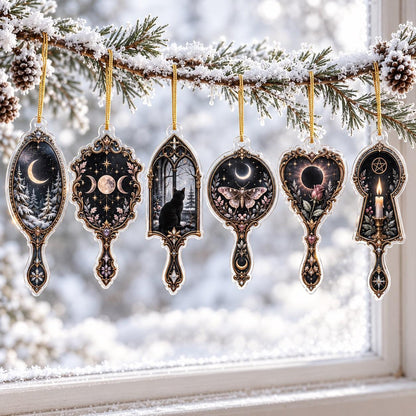 Obsidian Mirror Gothic Acrylic Ornament Set – Witchy Yule Tree Decor – set of 6 acrylic ornaments