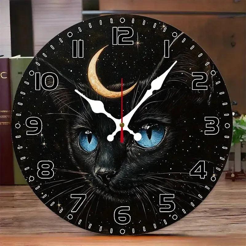 Occult Black Cat & Moon Wooden Wall Clock Witchy Wall Decor-MoonChildWorld